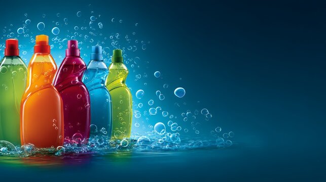 Vibrant colorful bottles with bubbles on a blue background.
