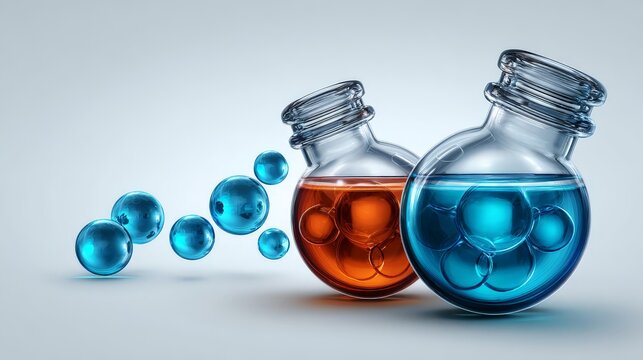 Vibrant laboratory flasks with colorful liquids and bubbles.