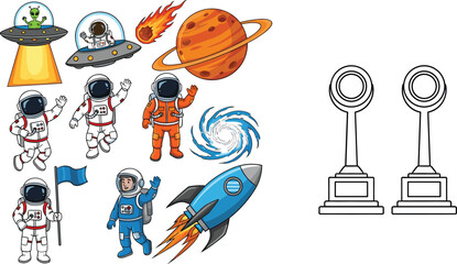 Space Exploration Cartoon Vector Set Featuring Astronaut Characters, UFO Alien Abduction, Rocket Launch, Planet Saturn, Galaxy Swirl and Trophy Awards © Mst