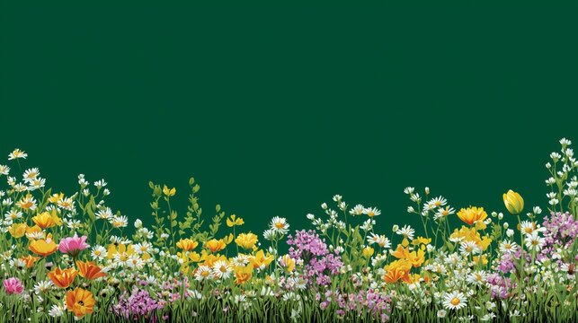 Conjunto de flores de primavera sobre fondo liso de color verde