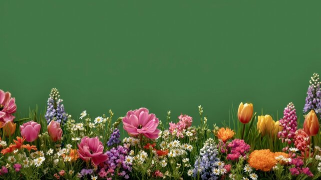 Conjunto de flores de primavera sobre fondo liso de color verde
