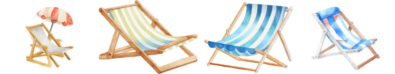 Naklejka na ściany i meble Watercolor set of striped beach deck chairs and umbrella