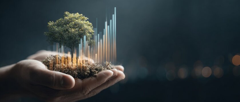 Rooted in care: a tree in the palm of your hand. Financial report. Hands of life: nurturing a young tree in celebration of earth. Revenue optimization. Growth strategy.