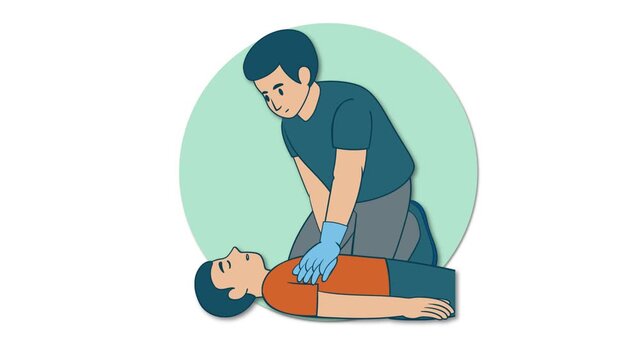 Animation of first aid rescue worker performing cpr and mouth to mouth resuscitation on unconscious man.