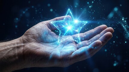 Fototapeta premium Digital achievement concept featuring a bright sparkling star floating over a hand.