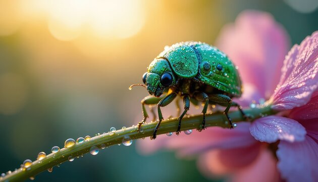 adorable baby beetle with round shiny black eyes and glowing emerald shell,