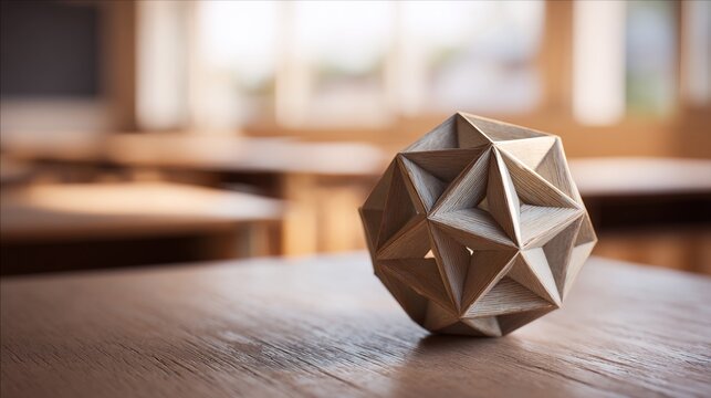 icosahedron. Wooden desk with icosahedron model in classroom, soft natural light from window. STEM education sheets, lab safety posters, designed for STEM education and laboratory safety posters.