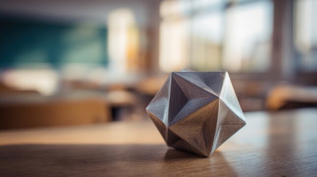 icosahedron. Wooden desk with icosahedron model in classroom, soft natural light from window. STEM education sheets, lab safety posters, designed for STEM education and laboratory safety posters.