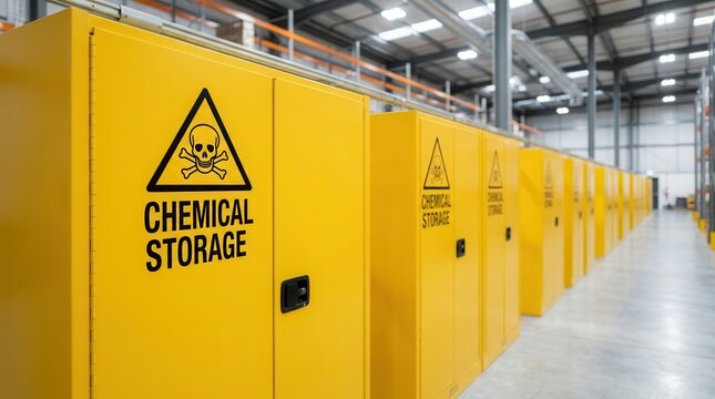 A row of yellow chemical storage cabinets representing hazardous material management in a workplace.