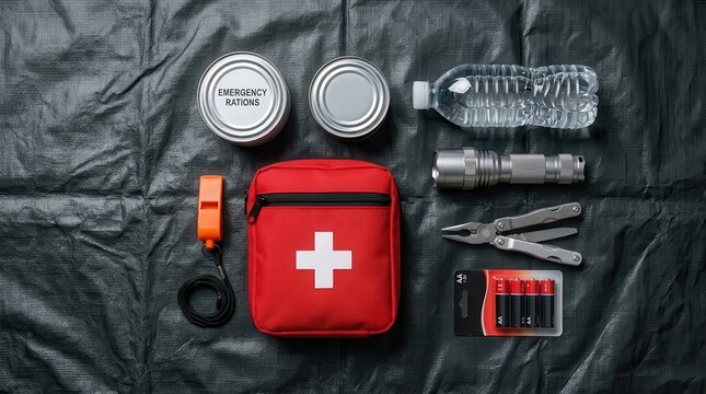 Survival kit for emergency preparedness including medical supplies, water, and disaster tools.