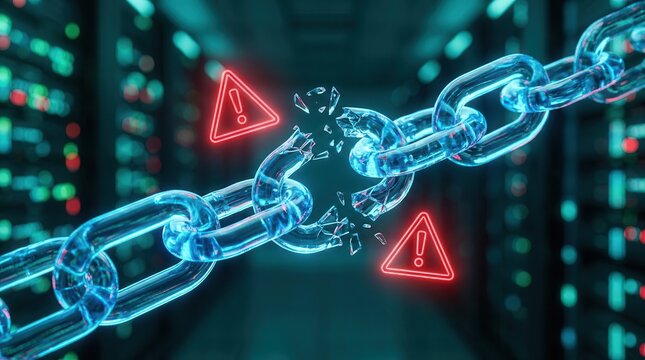 Digital rendering of a broken supply chain link with warning signs in a blurred tech background.