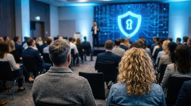 A corporate seminar on cybersecurity training with a glowing blue keyhole shield on screen.