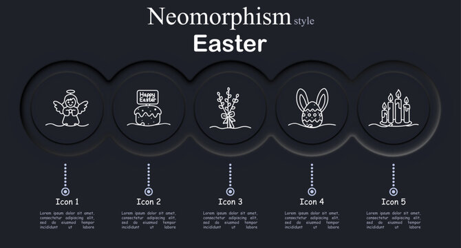 Easter set icon. Neomorphic dark interface circles with line symbols of angel figure wings, festive cake greeting sign, willow branch bouquet, rabbit egg decoration, burning candles set