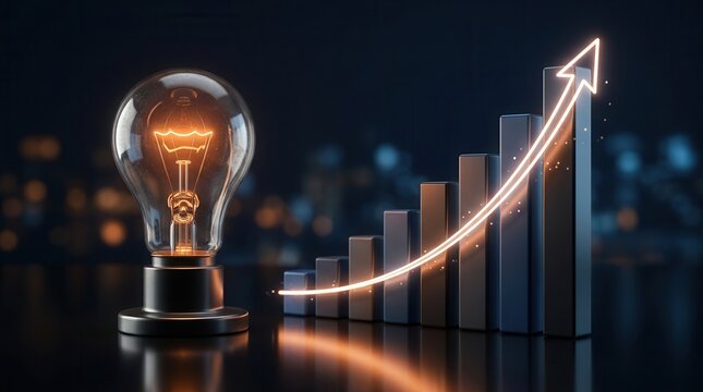 A rising bar graph with upward moving arrows and a glowing light bulb representing success strategies.