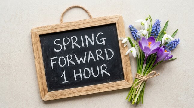 Fresh crocus, snowdrop, and hyacinth flowers beside a chalkboard reading Spring Forward 1 Hour.