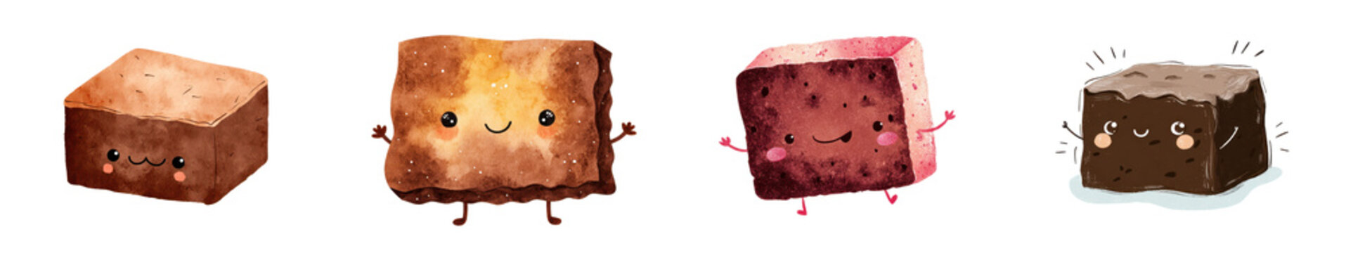 Cute brownie and cake square collection in watercolor style with smiling kawaii dessert characters isolated on black