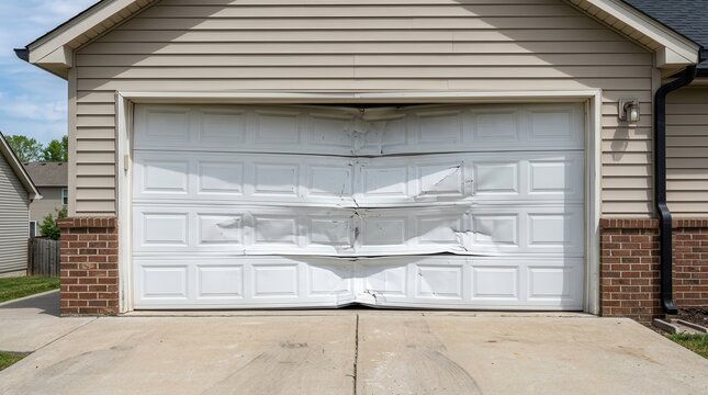 Suburban home maintenance issue featuring a badly dented and bent white garage door.