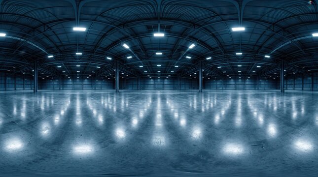 VR AR concept of a large empty gallery room in full equirectangular spherical projection.