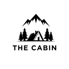 Obraz premium Minimalist black and white logo icon of a rustic cabin nestled in a forest with majestic mountains in the background, symbolizing nature, wilderness, and outdoor adventure.