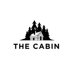 Obraz premium The Cabin Logo with Rustic House, Pine Trees, and Chimney Smoke Silhouette