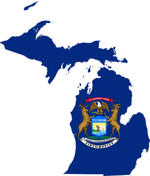 Michigan US State Flag Map Illustration, United States Michigan State Shape with Flag Design
