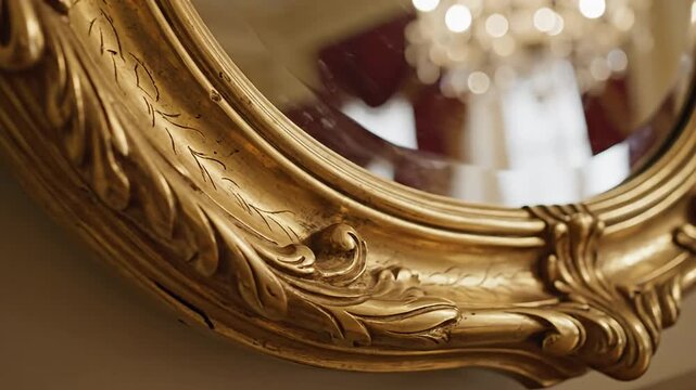Ornate gold mirror frame reflecting blurred chandelier lights