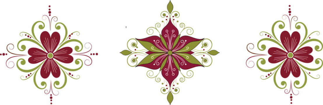Decorative Floral Ornament Vector Set Featuring Elegant Symmetrical Flower Patterns with Vintage Style Decorative Elements
