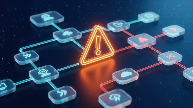 Complex technology workflow concept with an AI automation process and a red error warning sign.
