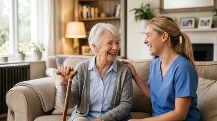 Naklejka premium Caregiver providing support and companionship to an elderly woman in a cozy house.