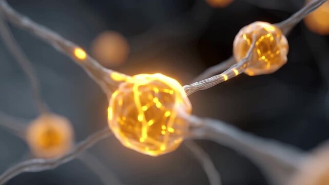 Cutaway diagram visualization of neural network nodes lighting up in sequence, rendered as luminous amber spheres connected by white fiber threads inside a dark digital void, perfe