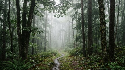 Fototapeta premium A serene forest scene with a winding path through tall trees and lush greenery on a foggy day