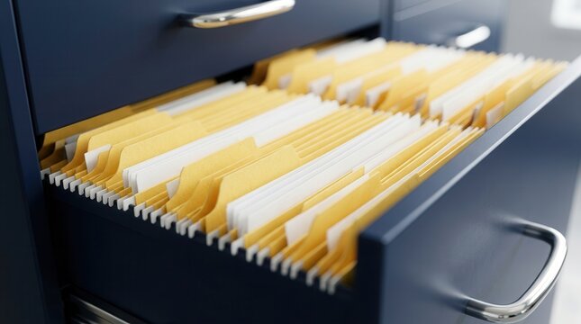 Records administration and archiving system with yellow and white file folders stored in a blue cabinet.