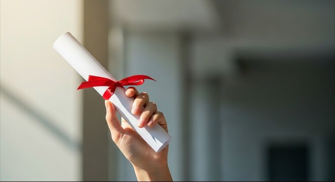Hand holding graduation diploma scroll with red ribbon at university