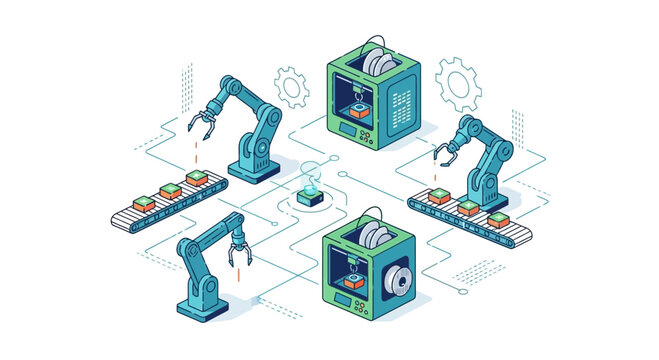 Automated Factory Assembly Line with Robotic Arms and 3D Printers