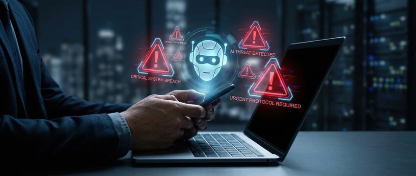 Cybersecurity alert protecting data from threats urban office space digital illustration high-tech environment close-up view artificial intelligence concept