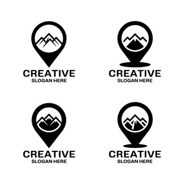 Creative Logo Design With Mountain Silhouette And Location Pin Icons