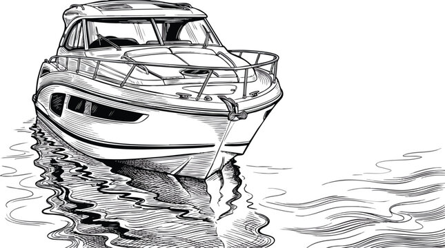 Speed Boat Black and White Detailed Lines Showing Luxurious Cruiser