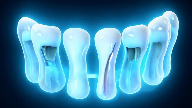 A glowing 3D visualization of dental anatomy showcasing the structure and details of teeth on a dark background. 4k Video footage.