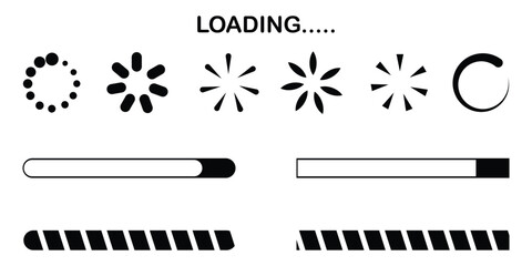 Naklejka premium Loading Icons and Progress Bar Vector Set. Circular Spinners and Horizontal Load Indicators eps 10.