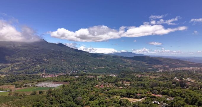 Drone pan over Boquete town and Baru volcano mountains Panama