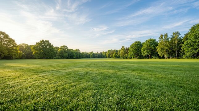 An empty campsite area with a clean grass texture and park trees.