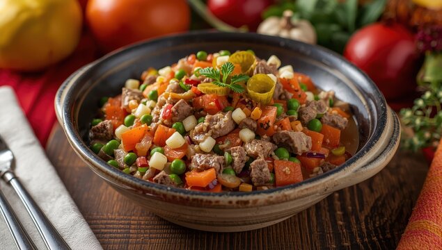 Beef salad bowl - classic Romanian dish.