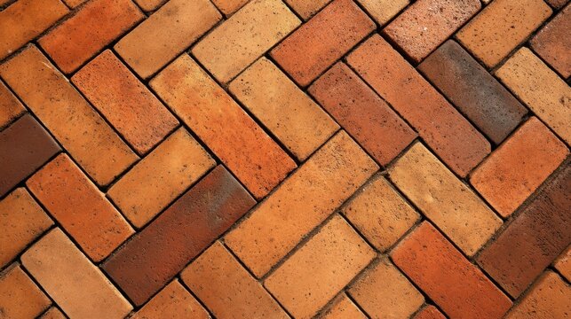 A herringbone patterned ground with reddish-brown bricks in varying shades featuring natural textures and subtle speckle