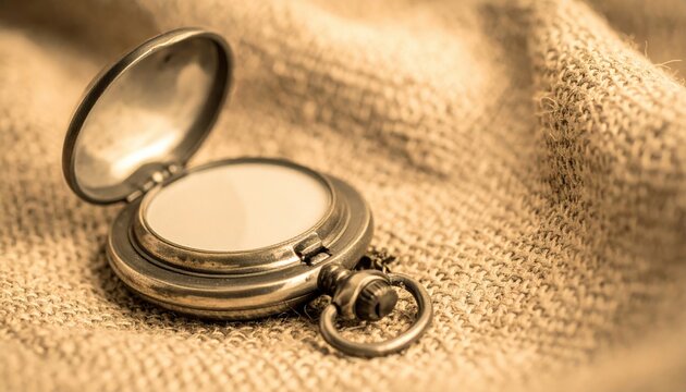 Antique tarnished silver locket slightly open revealing an empty frame resting on a textured fabric surface