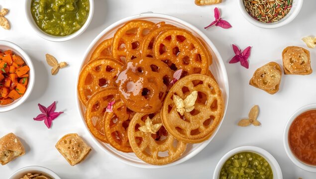 Bird's-eye view of Gujarati snacks featuring jalebi and fafda on a white background.