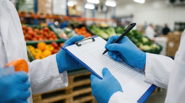 Inspector checking fresh produce for quality control and inventory management in a warehouse.