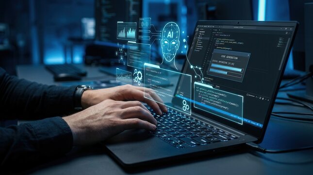 Modern programmer utilizing AI technology to assist in writing code and creating software applications.