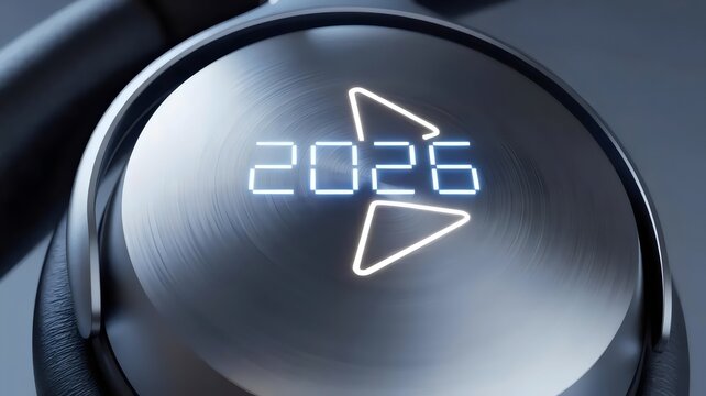 Sleek titanium headphone earcup with 2026 &ndash; Great for music technology content, premium audio marketing, or gadget reviews