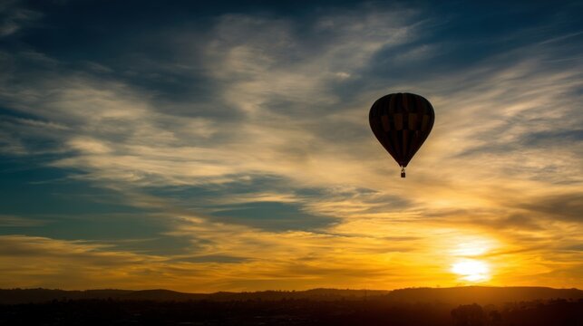 Golden sunset with a hot air balloon silhouette against distant mountains under vast orange sky.