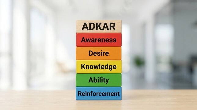 Change management concept with ADKAR model blocks for organizational transformation and employee development.
